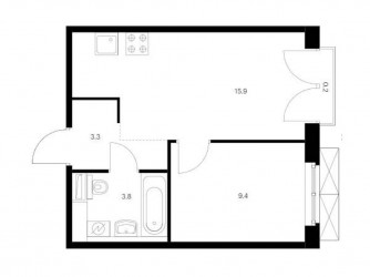 Однокомнатная квартира 32.6 м²